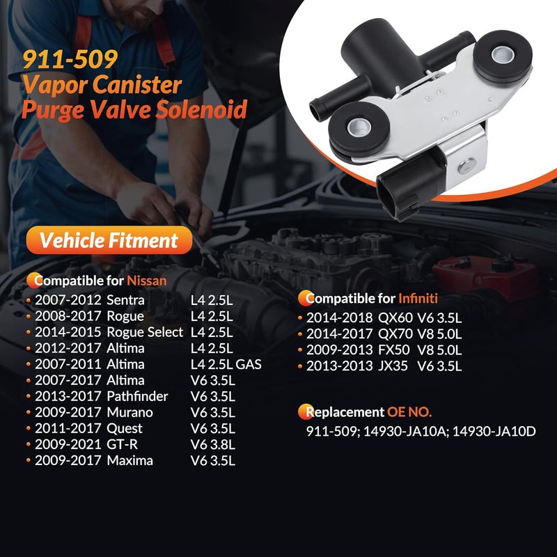 Mirthcos Vapor Canister Purge Valve Solenoid EVAP Compatible for Nissan Sentra 2007-2012, Rogue 2008-2017, Altima, Pathfinder, Murano, GT-R, Maxima & Infiniti JX35, QX60, FX50, QX70 Replaces 911-509 - Image 3
